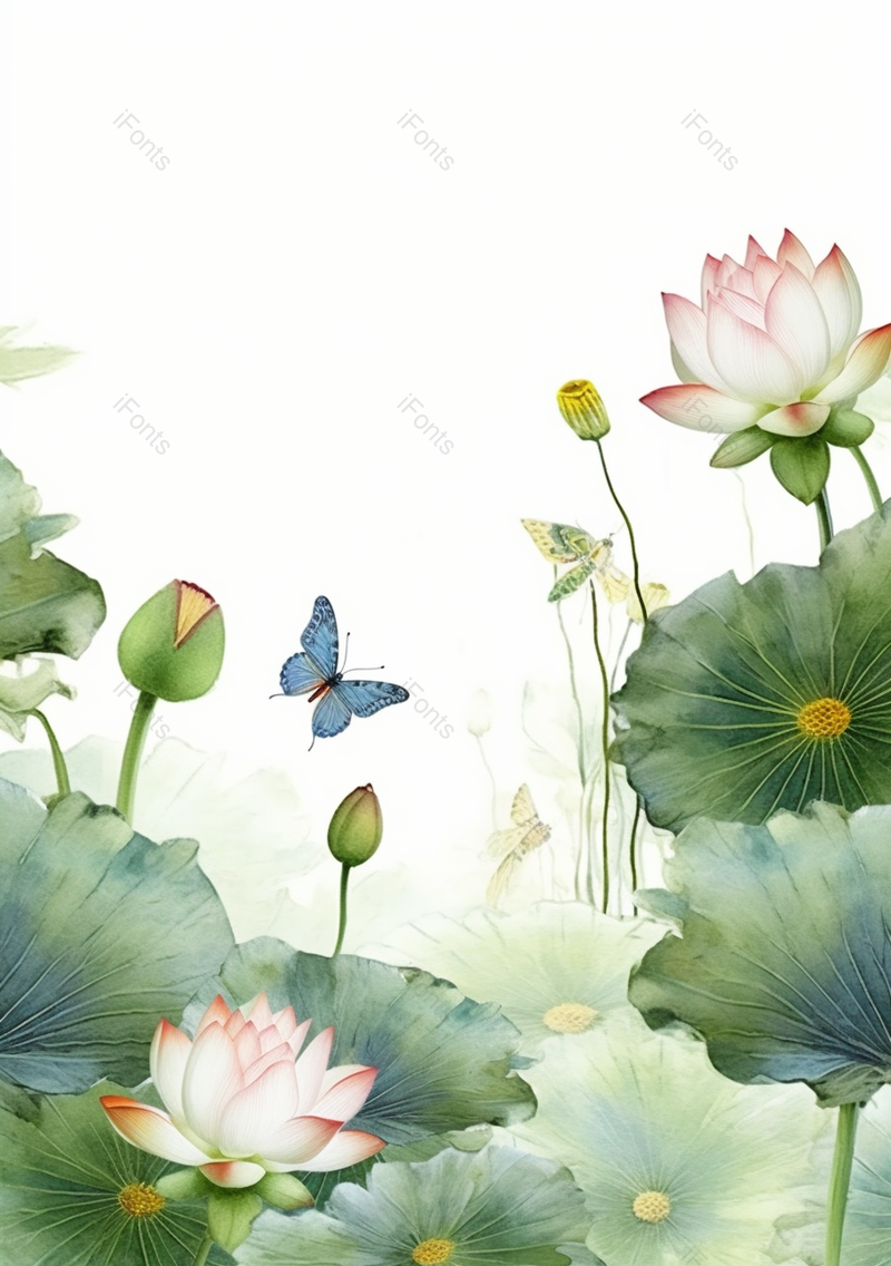 绿色艺术古典池塘荷叶荷花胡蝶插画,插画/手绘图,插画/手绘图库,插画/手绘图下载,插画/手绘